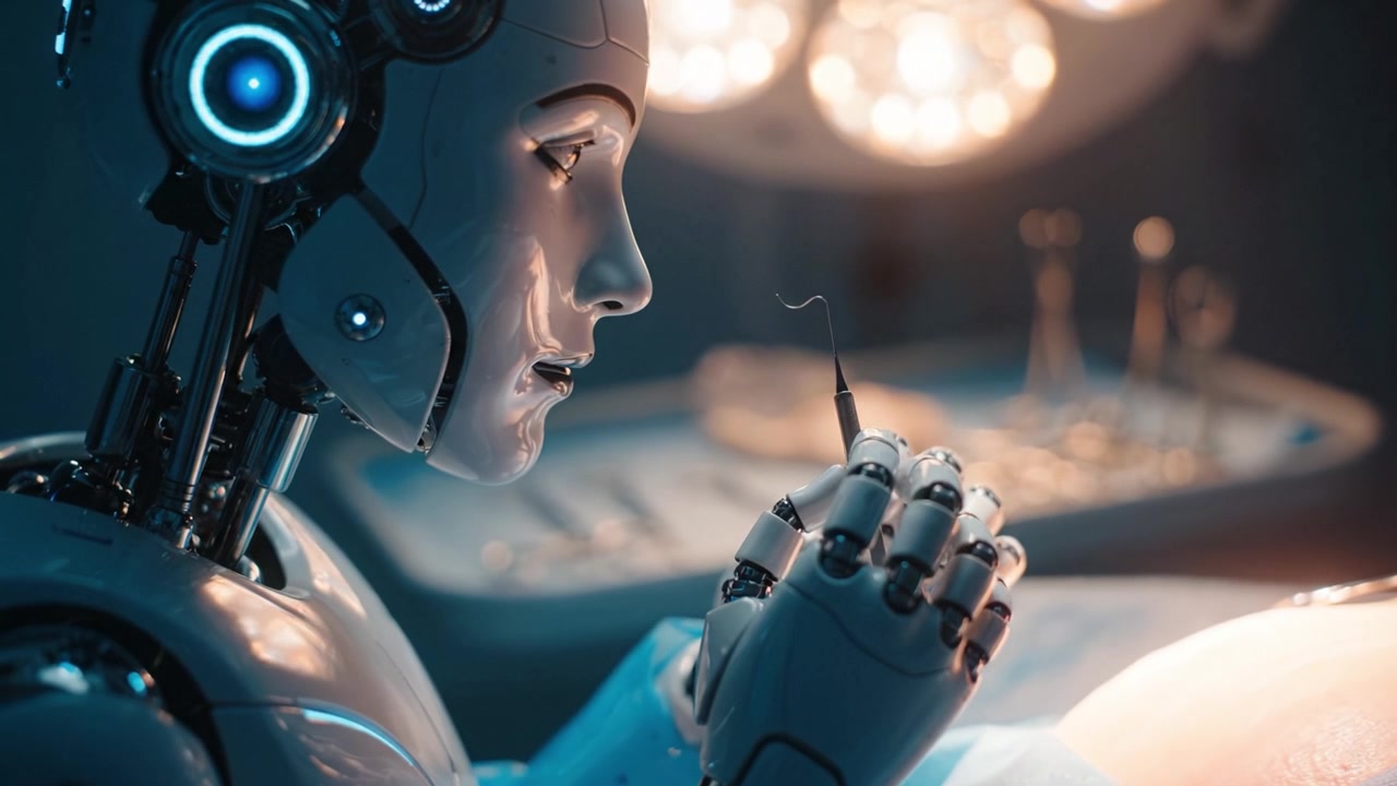Un assistente robotico futuristico in un ambiente chirurgico, che dimostra tecnologia avanzata e precisione in un contesto medico ad alto rischio, con design e funzionalità intelligenti