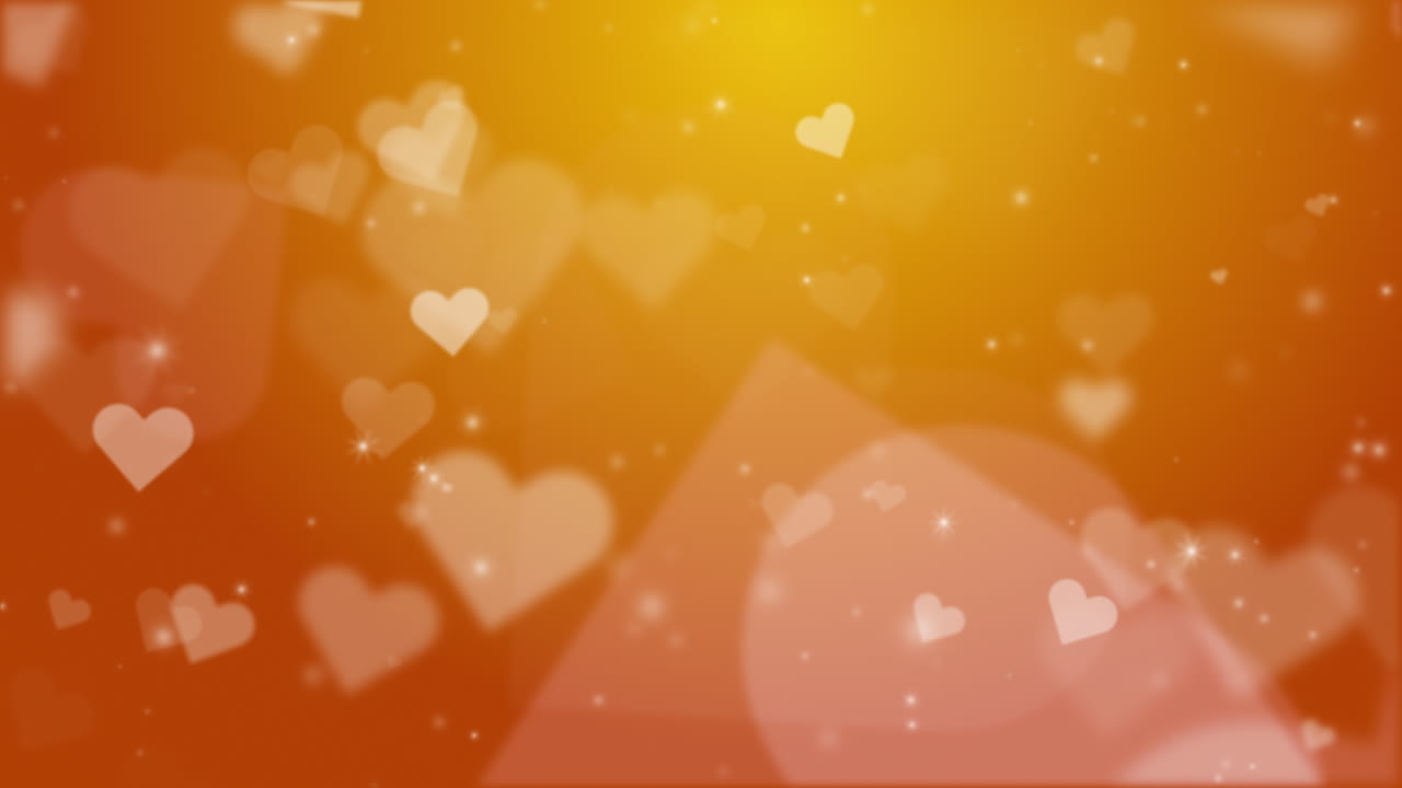 Happy Valentine's day card hearts abstract yellow looped background. Animated flying hearts and glowing particles.