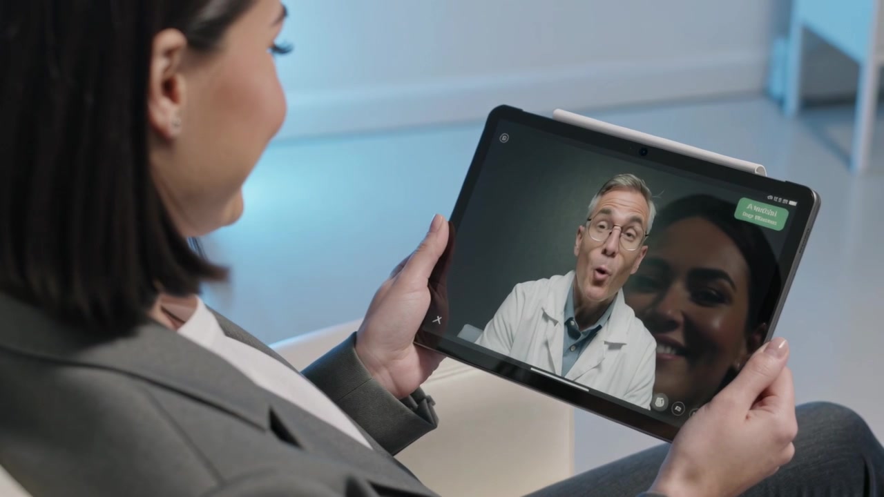 Tenendo un tablet, una donna si sporge a casa mentre un medico in camice parla per una consulenza, con spazio per il testo.