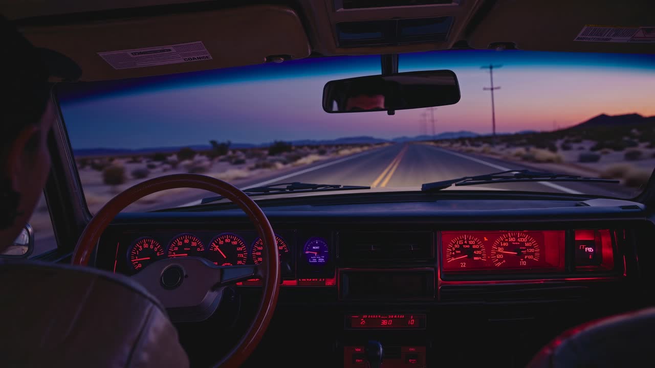POV video style from inside a car, capturing a serene desert road at dusk