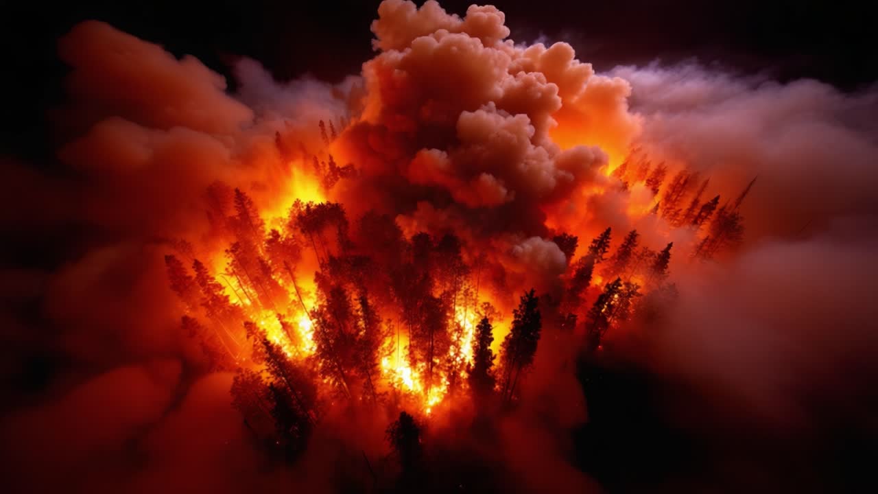 A Dramatic Display of Nature's Fury: An Awe-Inspiring Eruption of Flames and Smoke Amidst the Trees, Capturing the Raw Power and Beauty of a Wildfire at Night