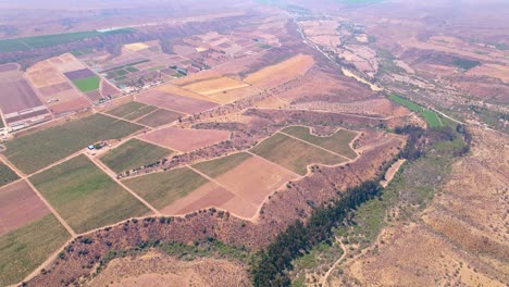 Aerial-orbit-establishing-of-vineyard-plantations-in-the-Limarí-Valley,-Chile