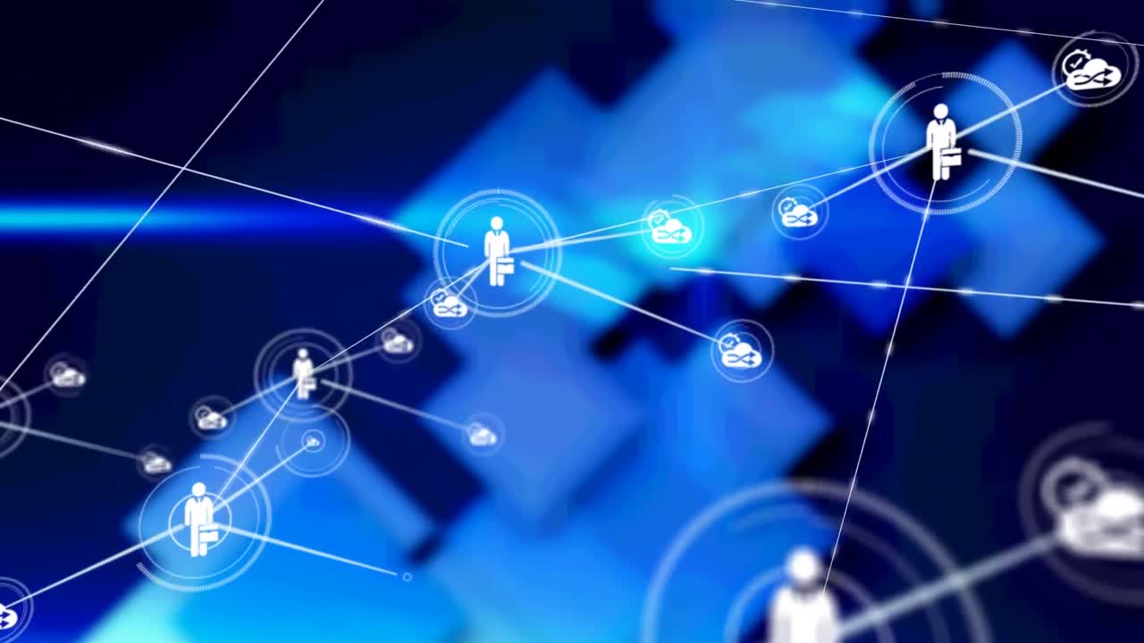 검은색 배경의 파란색 모양 위에 아이콘으로 연결 네트워크의 애니메이션