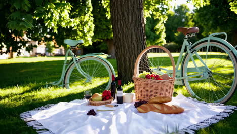 summer picnic with wine, fruit, and bicycles in a park