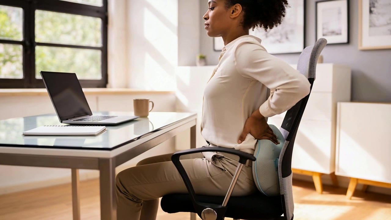 Feeling lumbar pain woman in blouse pressing back against lumbar cushion at home office, copy space