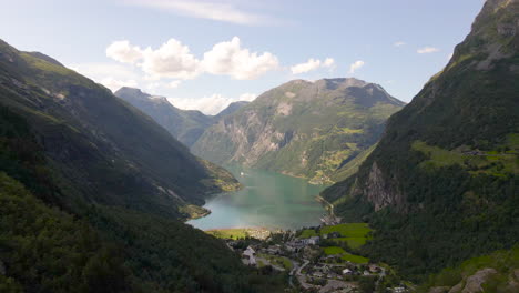 Picturesque-Scenery-In-Unesco-Heritage-Site-In-Geirangerfjord-Norway---aerial-shot