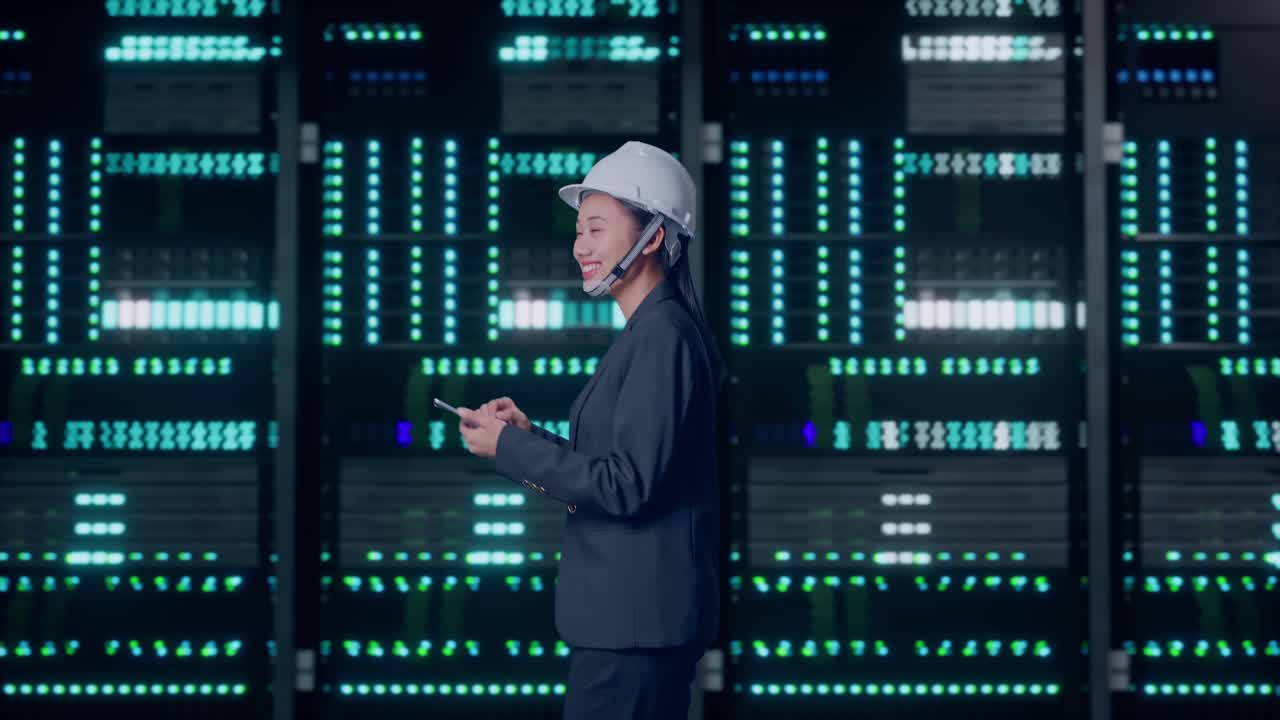 Side View of Asian Businesswoman Use Smartphone While Walking and Looking Around in Server Room Data Center