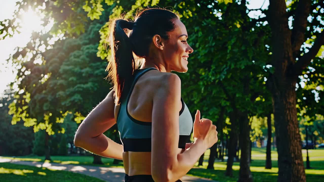 Side-angle video still of a woman jogging in a sunlit park, capturing motion and vitality with lush