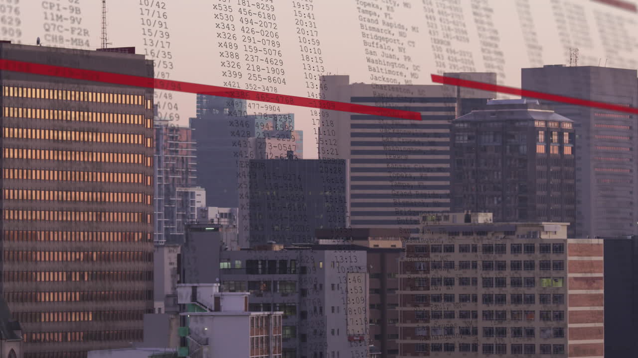 Animación del procesamiento de datos sobre paisaje urbano