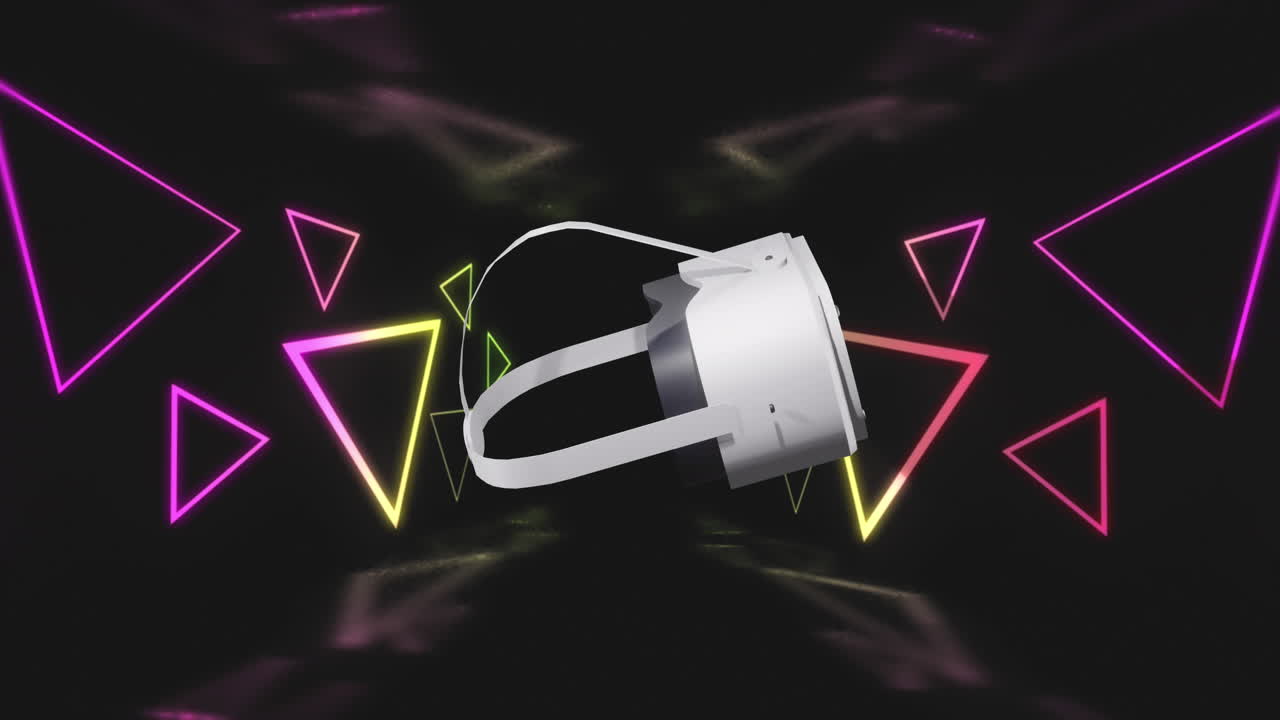 Animazione: visore VR su forme triangolari al neon ed elaborazione dati