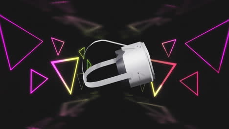 animation of vr headset over neon triangle shapes and data processing