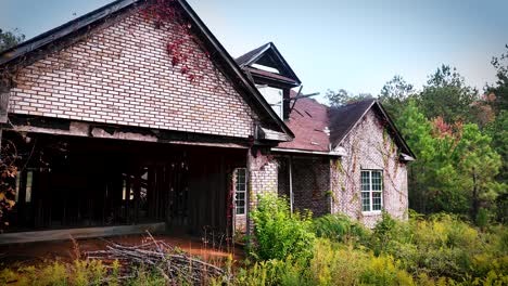 Abandoned-brick-house-surrounded-by-woods-during-fall-mid-day