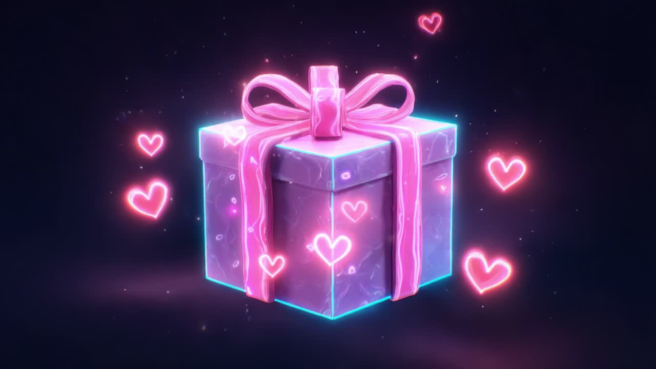 Una confezione regalo al neon vivace con un fiocco luccicante e cuori fluttuanti, che incarna perfettamente l'amore e la celebrazione in un colorato design di arte digitale