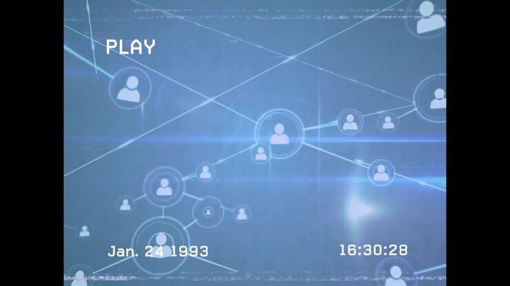 Animation of interference over network of connections with icons on black background