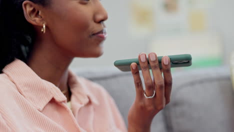 Woman,-talking-and-phone-call-with-speaker-in-home