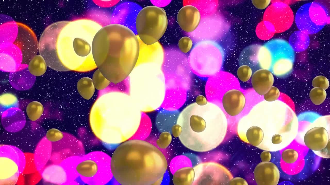 animación de globos de oro y nieve cayendo con luces navideñas rosadas y azules desenfocadas