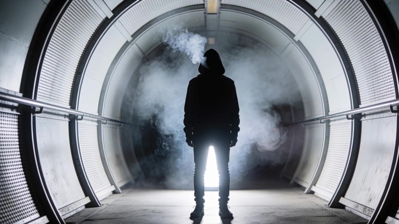 Standing hooded man starting to exhale vapor and tilting head upward in metal tunnel, rear light