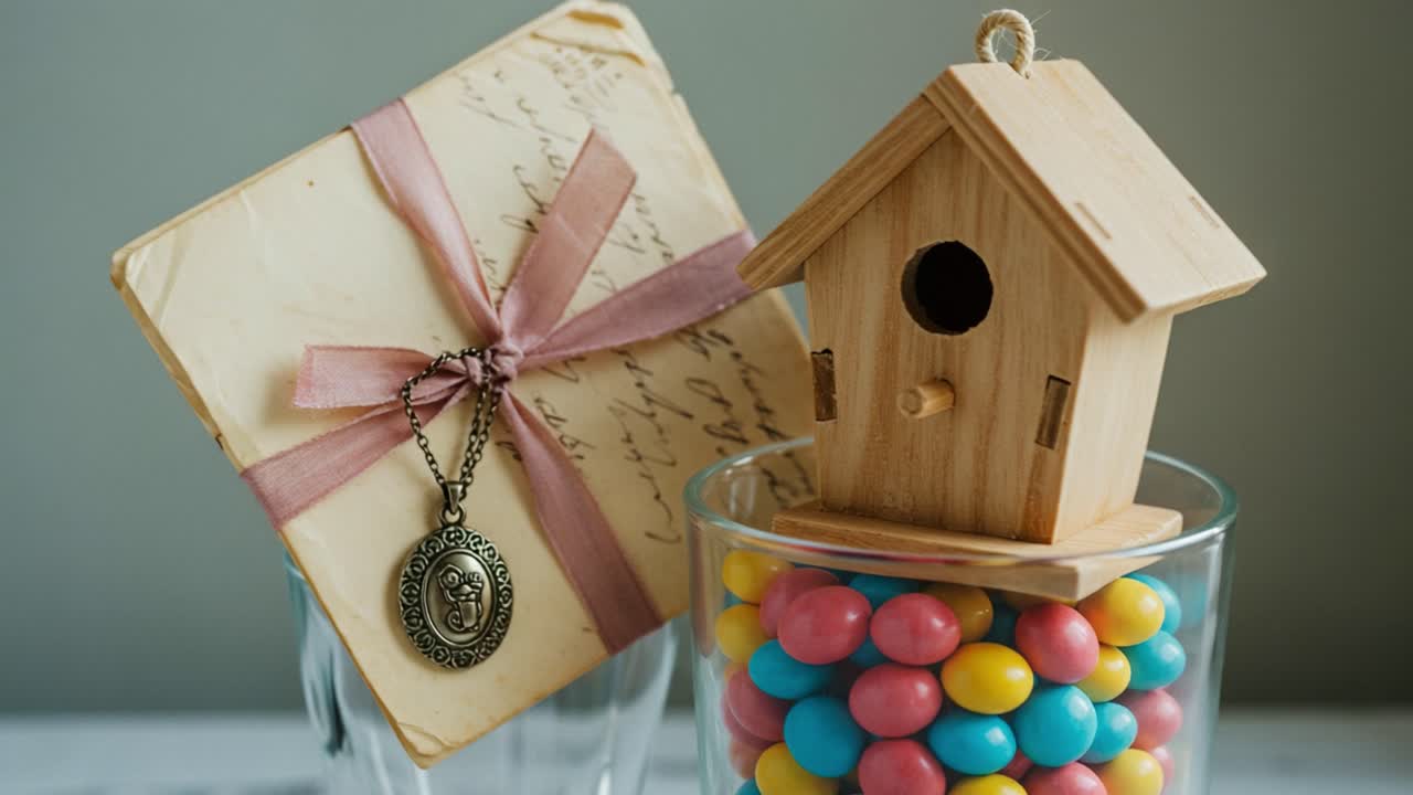 A Charming Display of Nostalgia: A Handmade Wooden Birdhouse and Colorful Candy in Glass Containers Accent a Vintage Letter, Perfect for Home Decor