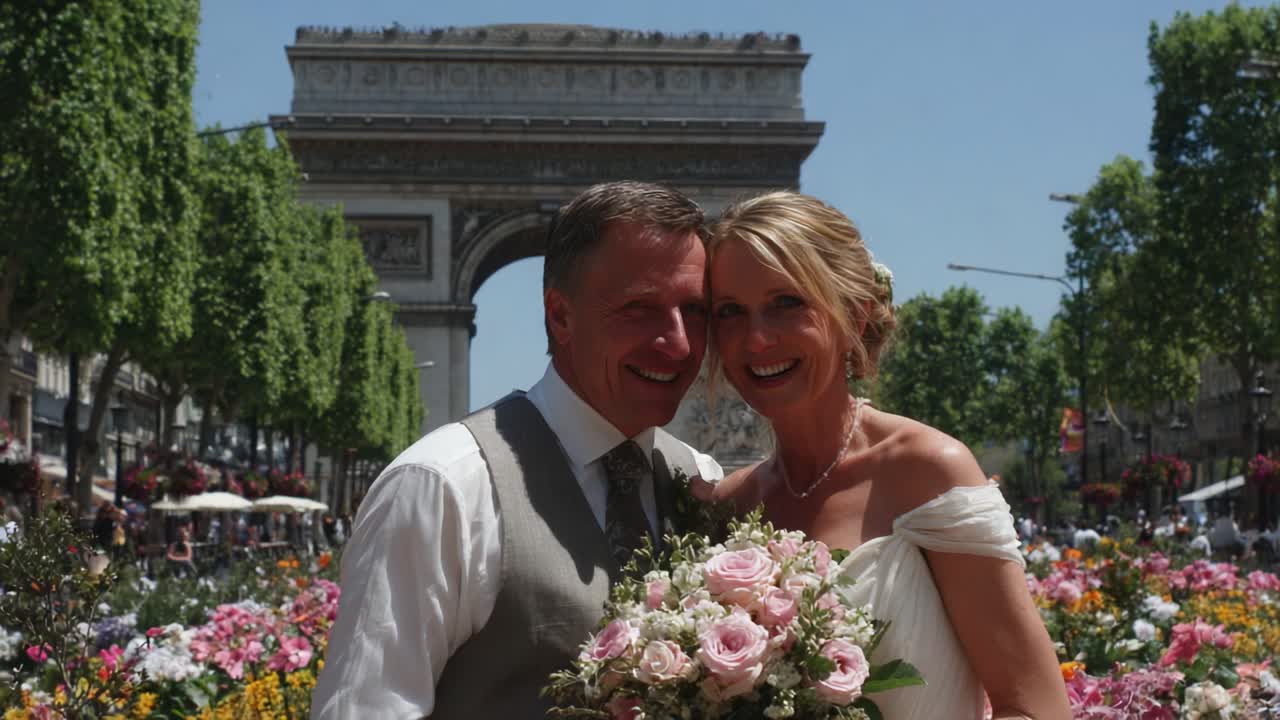 Una commovente celebrazione nuziale tra fiori vivaci e architetture iconiche, che cattura i momenti preziosi di amore e gioia in una splendida location all'aperto