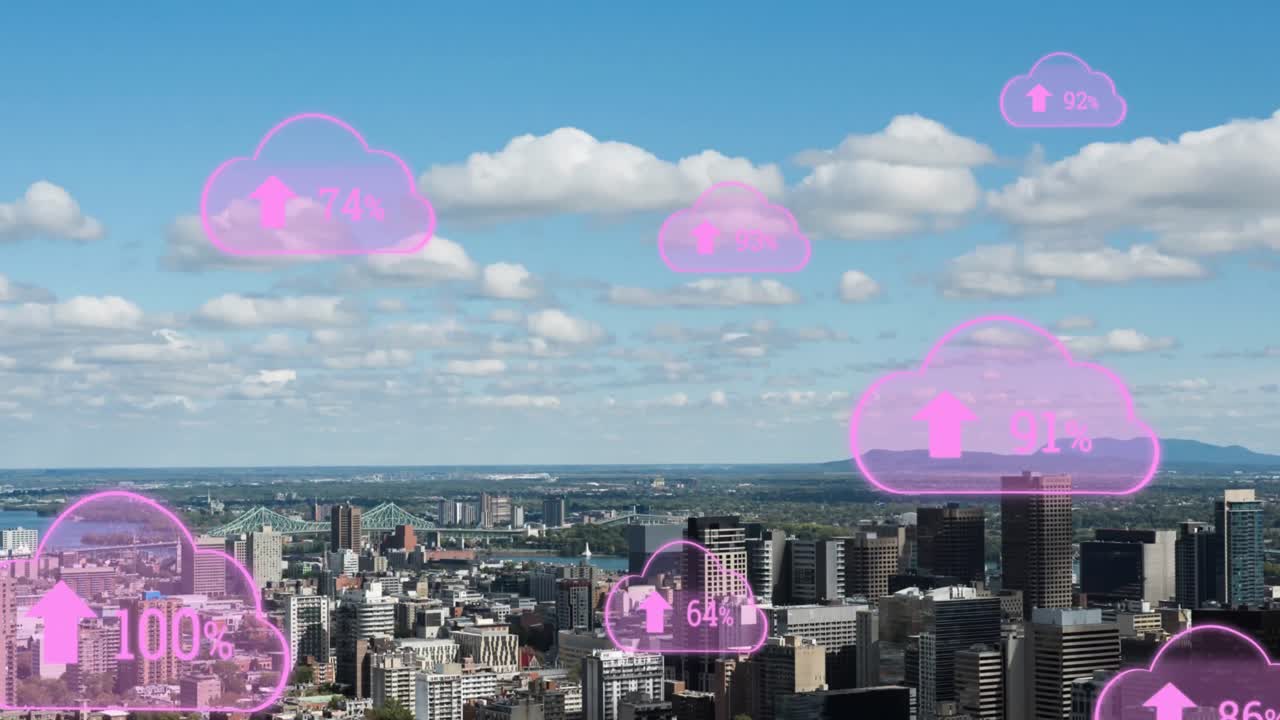 Animação de nuvens digitais com porcentagem crescente sobre paisagem urbana