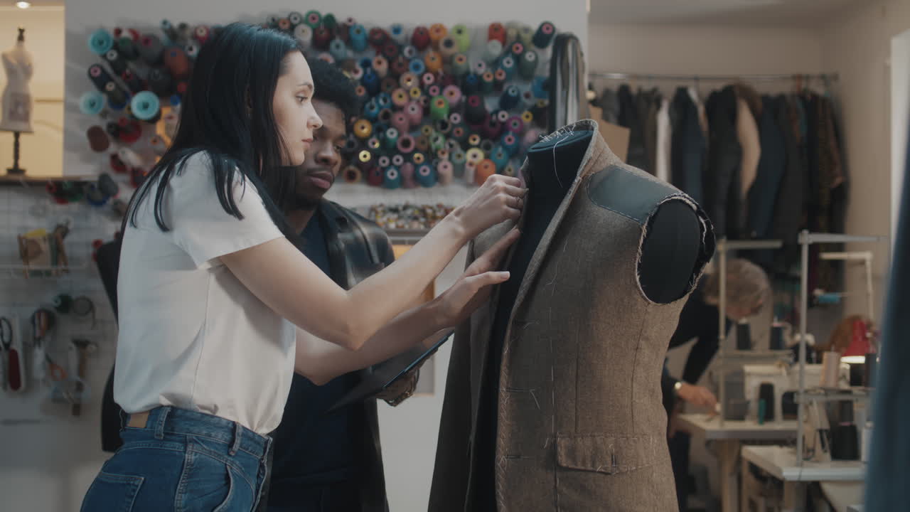 Fashion Design Team Working on a Jacket Pattern