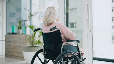 Elderly-woman,-wheelchair-and-window-for-thinking