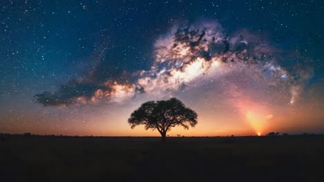 a tree stands in a field of grass with a sky full of stars. the scene is serene and peaceful, with the tree providing a sense of stability and grounding in the vastness of the sky