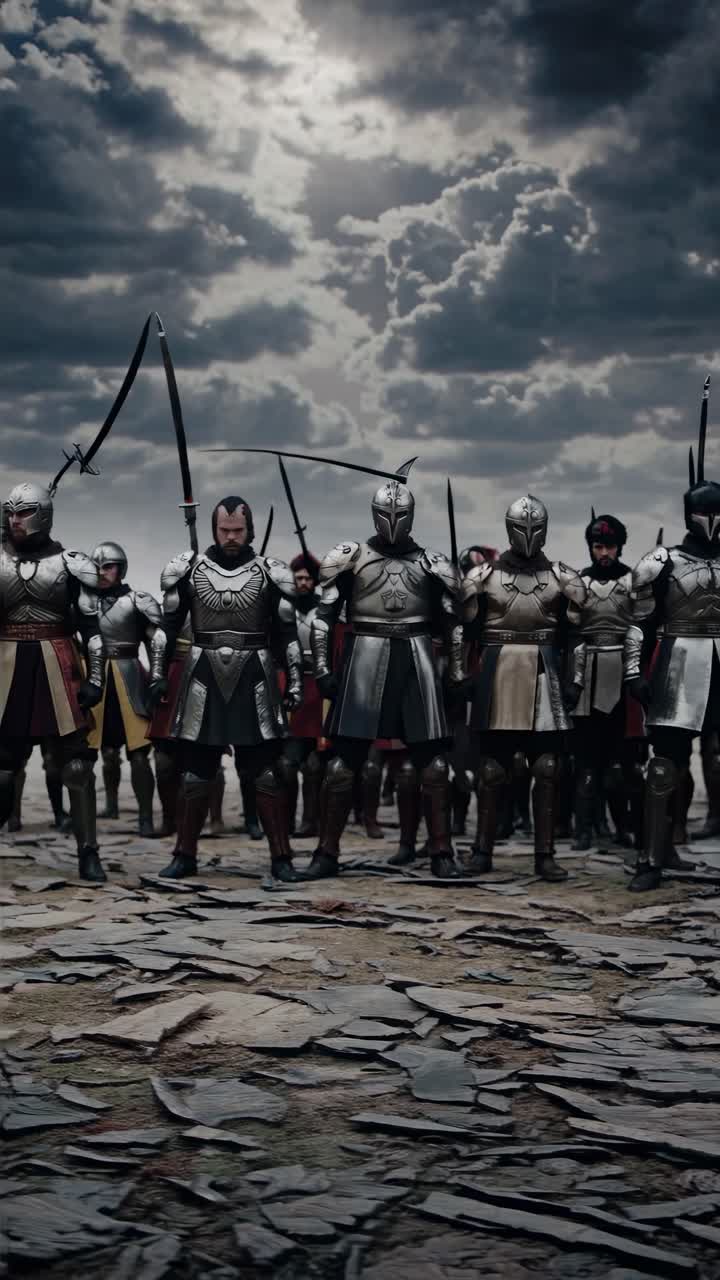 Epic low-angle video still of armored knights standing on rocky terrain under a dramatic cloudy sky