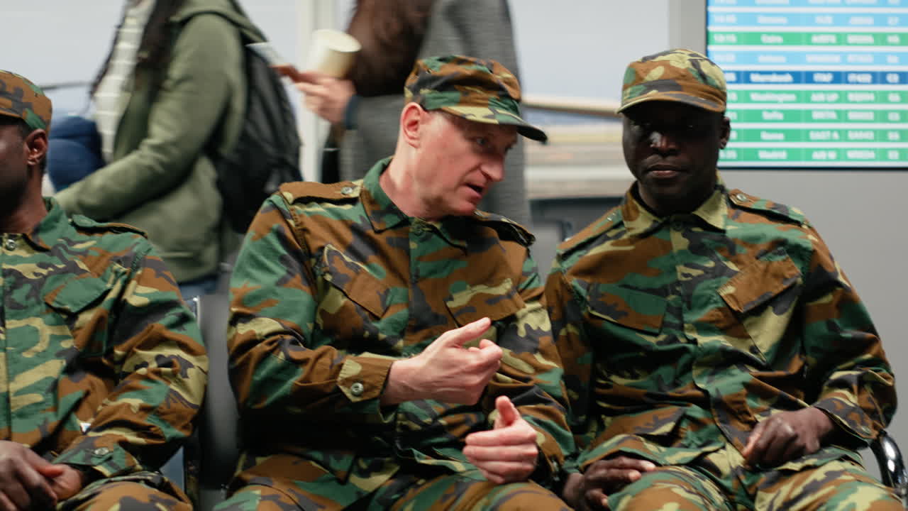 Soldati dell'esercito multietnici che chiacchierano in attesa all'aeroporto