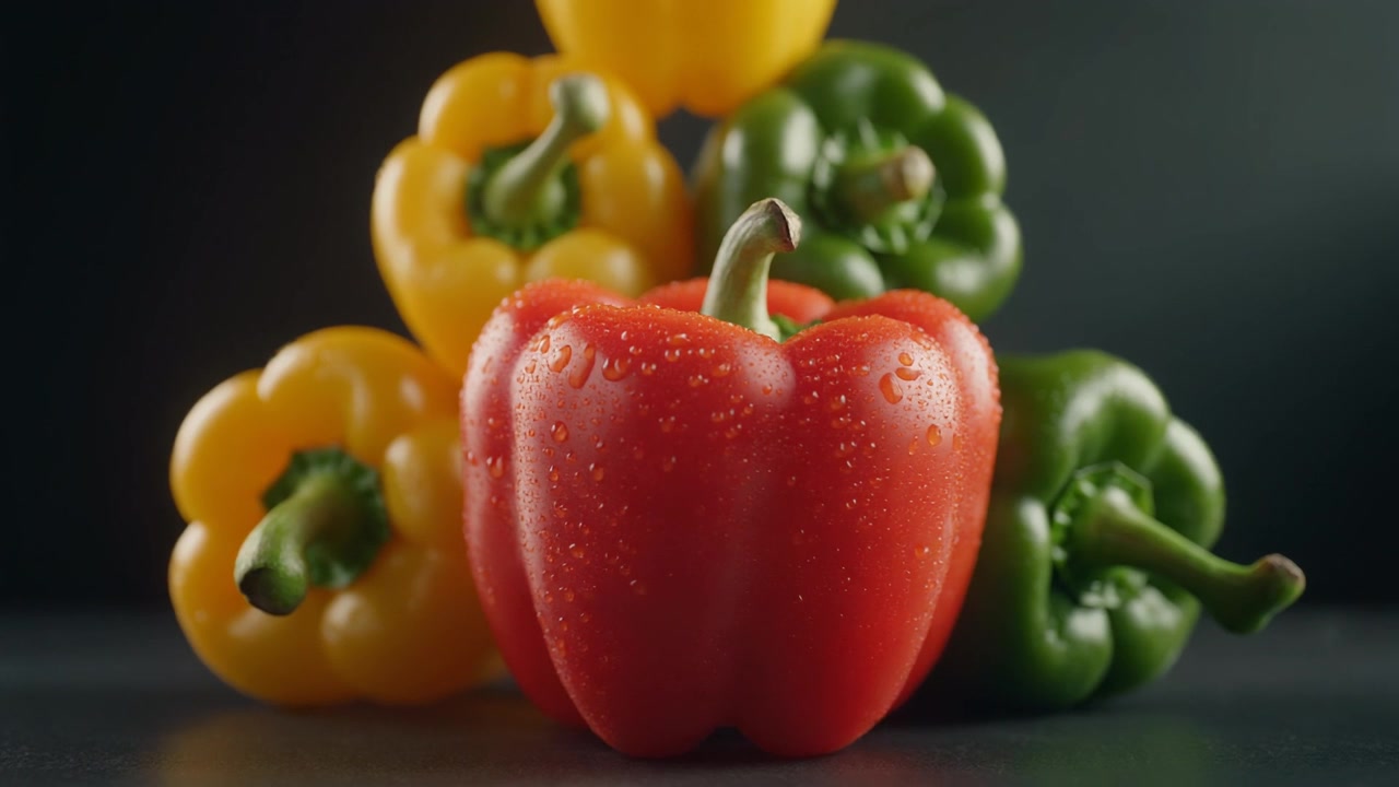 Fresh Red, Yellow, and Green Bell Peppers on Dark Background