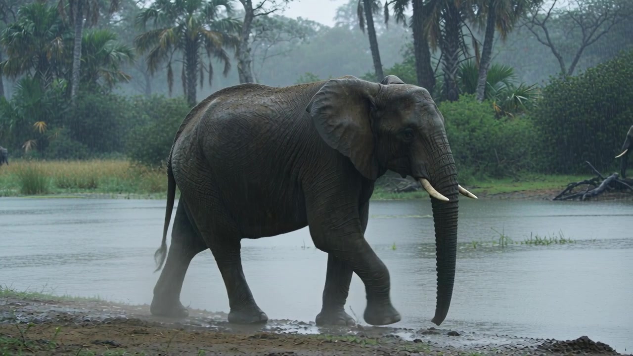 Gajah dewasa keluar dari air dangkal, menendang lumpur saat bergerak menuju tepi sungai, menuju kawanannya.