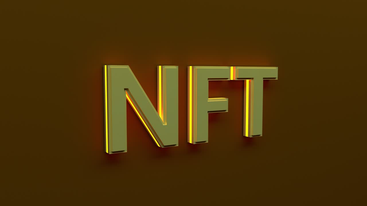 concepto de moneda de arte criptográfico nft. token no fungible con luz parpadeante en fondo abstracto de oro oscuro. bucle de renderización 3d sin costuras.