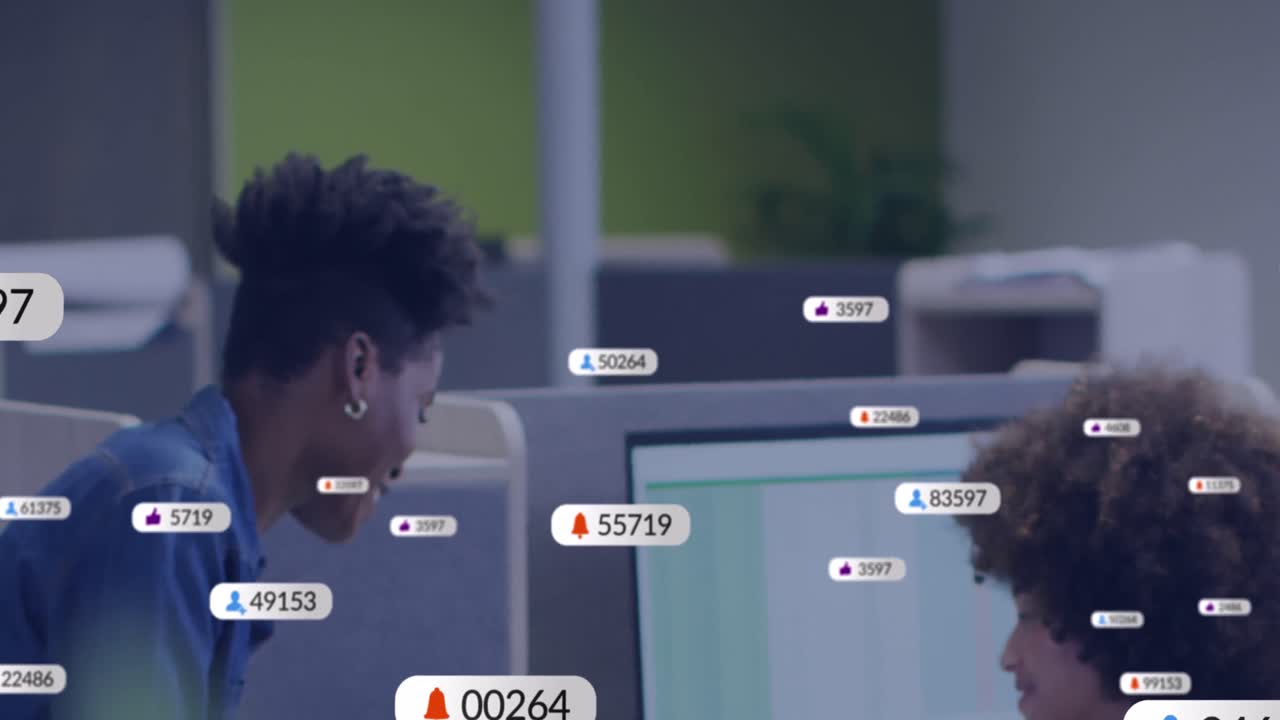 Animation of social media data processing over diverse business people in office