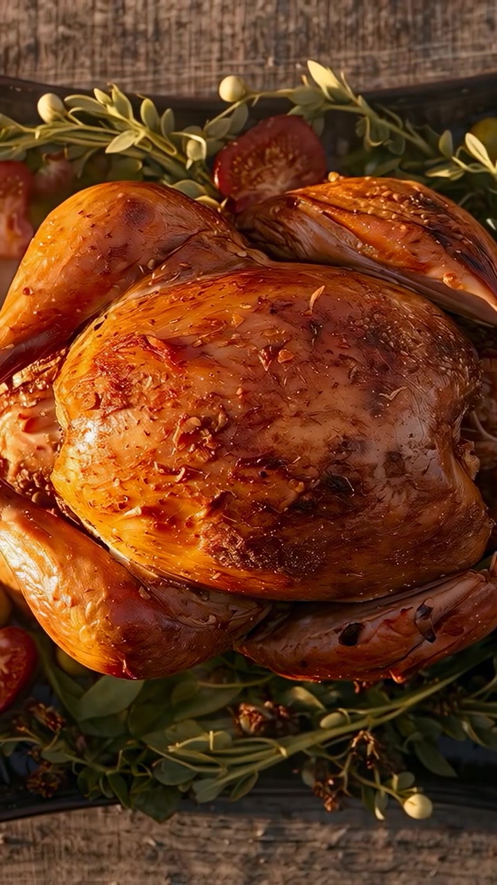 Vertical video: Glistening roasted bird resting on dark tray while warm light shifting for serving