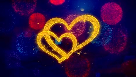 heart shape love valentines day greeting text sparkle particles on colored fireworks