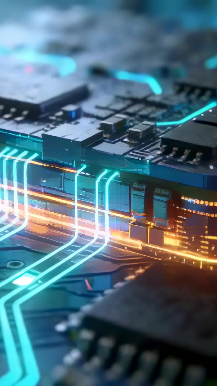 Vertical video: Edge pulse driving PCB area with chips lighting cyan traces and data pulses in lab