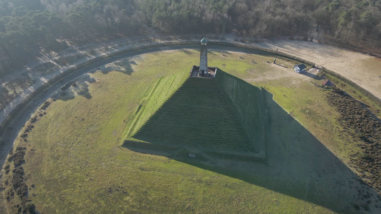 Aerial orbit of Austerlitz Pyramid in the Netherlands on a sunny day. The Piramide van Austerlitz is a monument in the Netherlands, built in 1804 as a tribute to Napoleon Bonaparte.