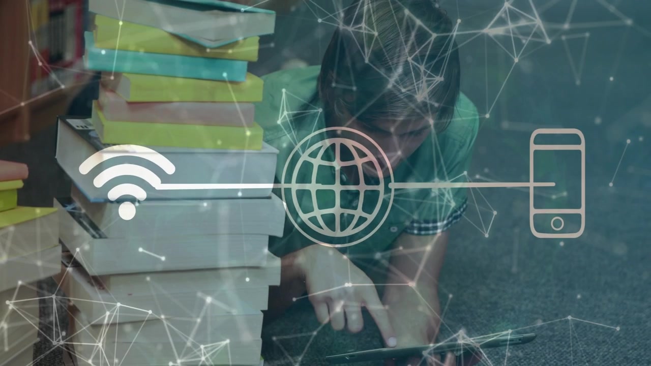Man on carpet beside books, tapping tablet for study with animated Wi?Fi globe linking to internet