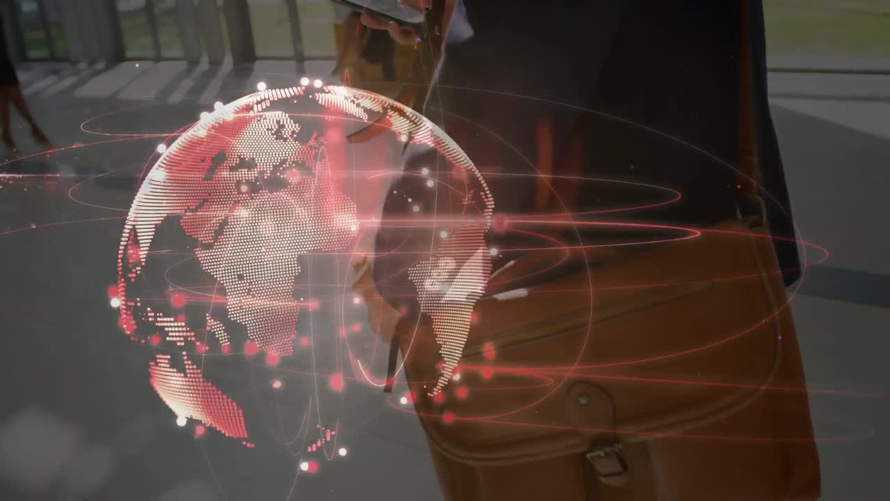 animación del globo sobre el hombre de negocios caucásico usando un teléfono inteligente