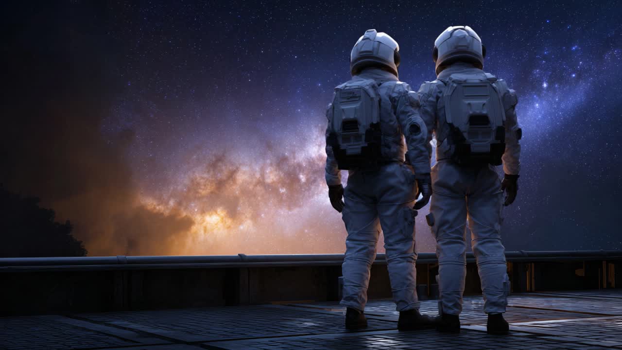 Kaksi astronauttia seisoo alustalla katsellen henkeäsalpaavaa kosmista näytelmää, jota ympäröivät eloisat galaksit, tähdet ja ulkoavaruuden mysteerit.