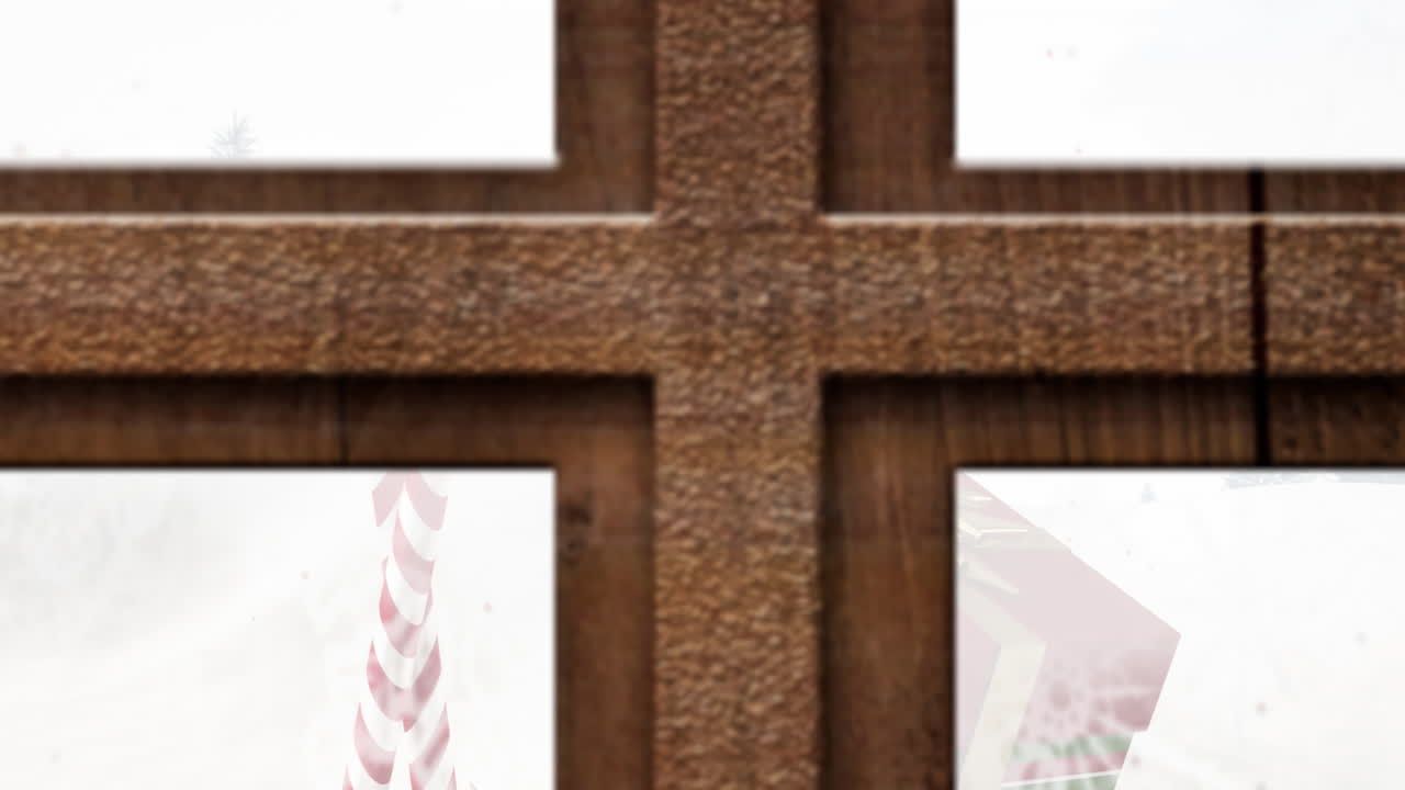 윈도우와 크리스마스 트리의 애니메이션과 캔디 막대기와 겨울 풍경에 현재