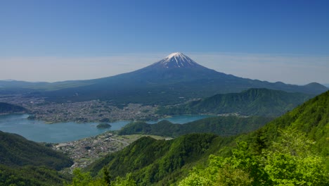 mt. fuji and lake kawaguchi seen from the fresh green shindo pass