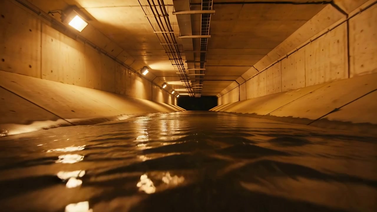 Una telecamera scivola, spinta dalla corrente, muovendosi sull'acqua increspata attraverso un tunnel con luci ambrate fino all'uscita.