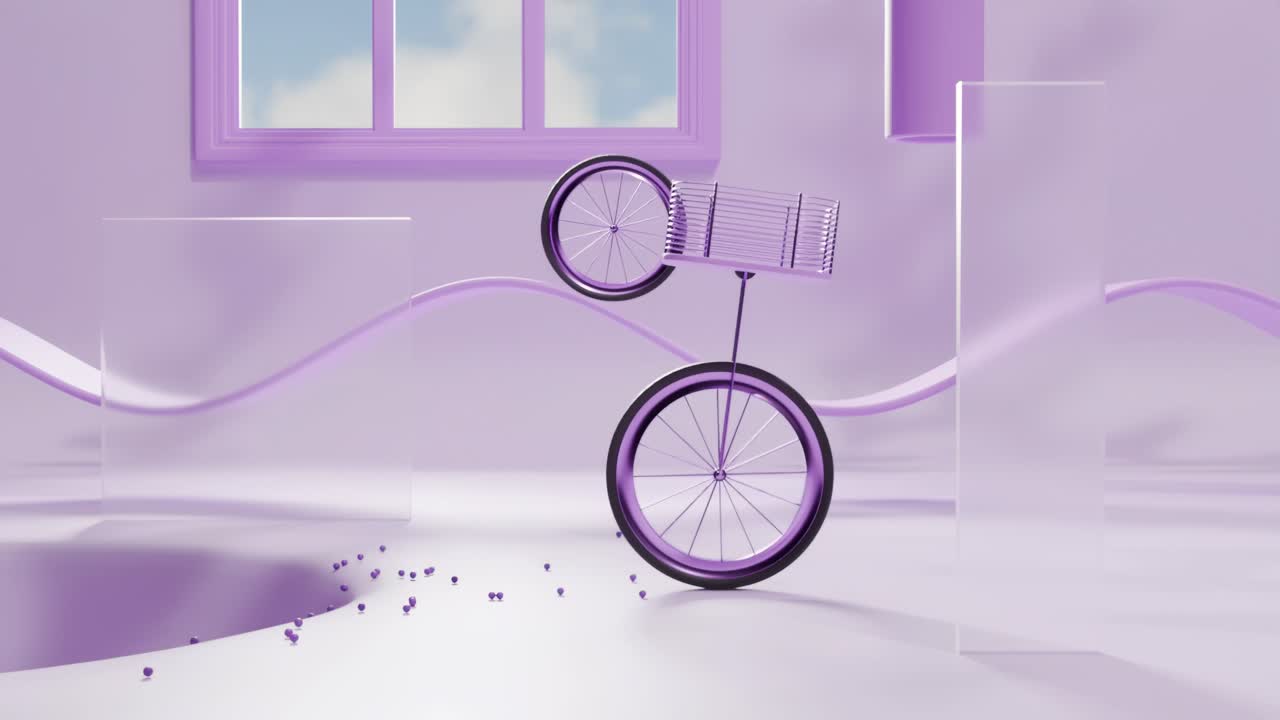 habitación púrpura abstracta con un monociclo