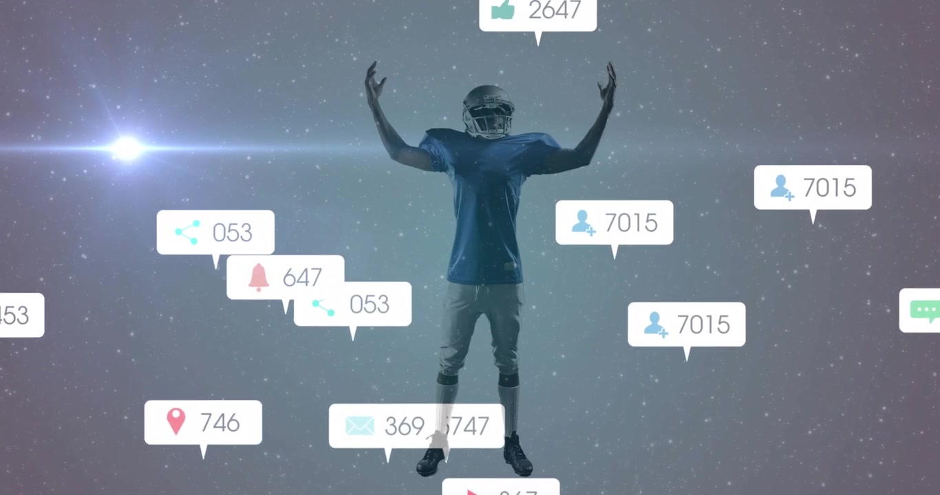 Athlete raising arms as social metrics updating then lowering arms and notification icons fading