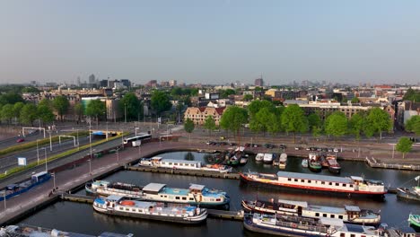 Wide aerial shot of boats docked near Amsterdam’s city harbor