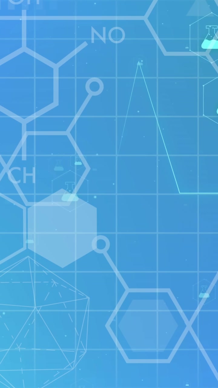 Animation of chemistry icons and structures on blue background
