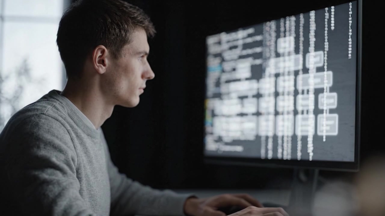 Focused Programmer Analyzing Code Output and Visual Data Flow on High-Resolution Monitor in Dimly Lit Workspace, Emphasizing Software Development Process