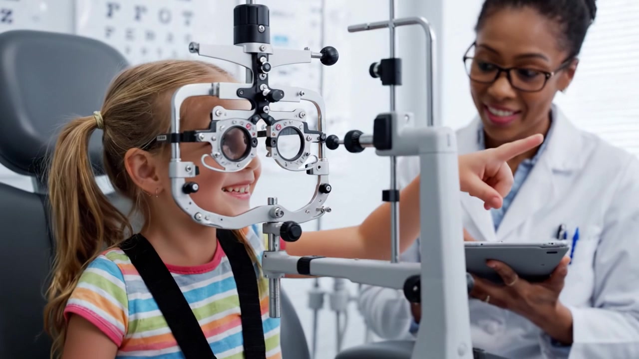 En glad ung pige får foretaget en øjenundersøgelse hos en optiker i et lyst og professionelt klinikmiljø.