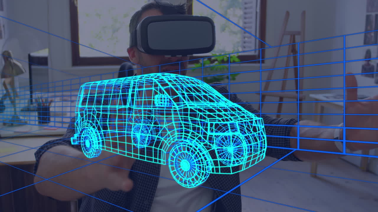 animación de dibujo 3d digital de un coche sobre un hombre usando auriculares vr